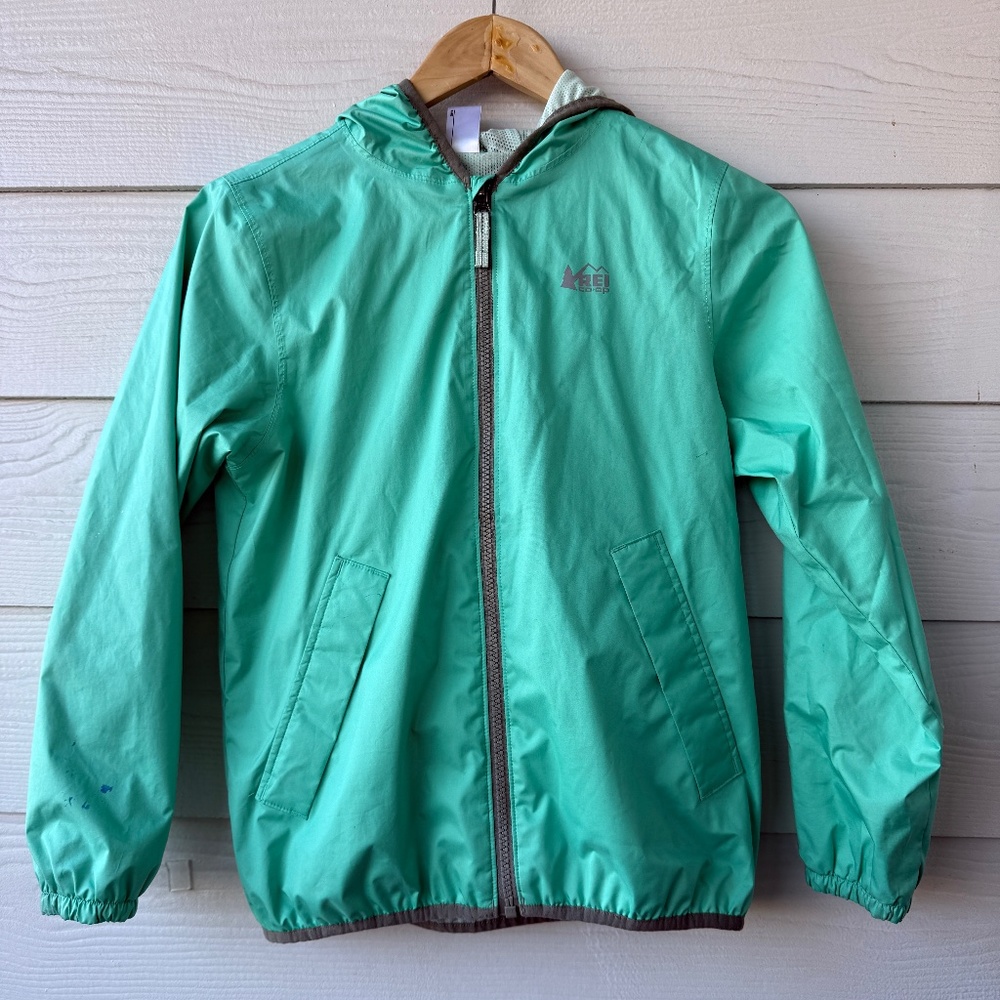 REI Kids Windbreaker Jacket | Size M 10/12 | Green | Outdoor Rain Shell (Stained